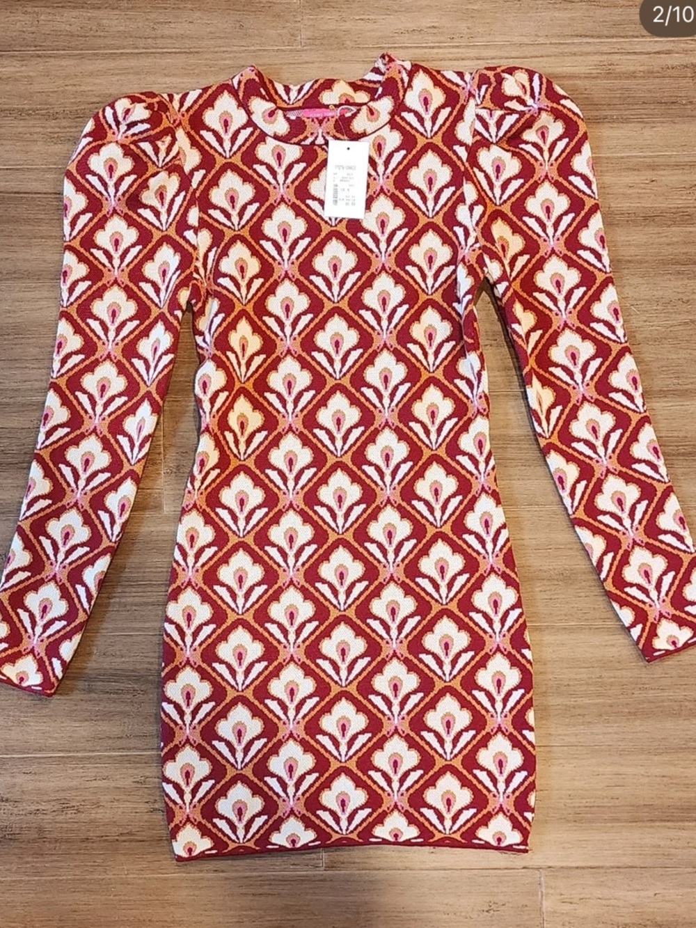 Flying Tomato Red & Cream Long-Sleeve Patterned Dress